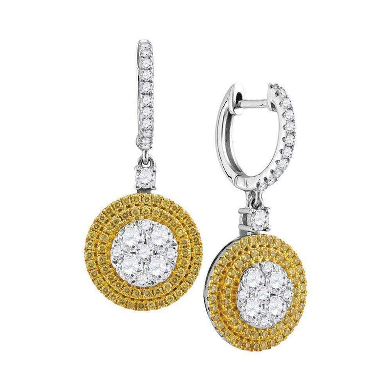 18kt White Gold Women's Round Yellow Diamond Circle Frame Cluster Dangle Earrings 1-5-8 Cttw - FREE Shipping (USA/CAN)-Gold & Diamond Earrings-JadeMoghul Inc.