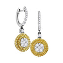 18kt White Gold Women's Round Yellow Diamond Circle Frame Cluster Dangle Earrings 1.00 Cttw - FREE Shipping (USA/CAN)-Gold & Diamond Earrings-JadeMoghul Inc.