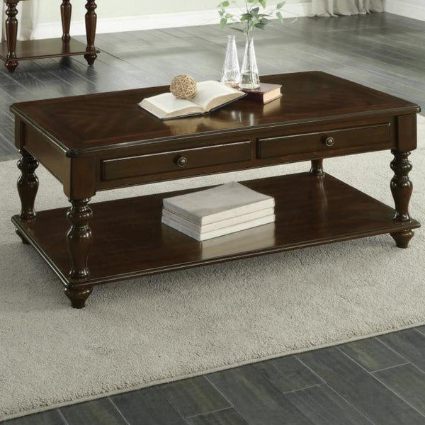 2 Drawer Wooden Cocktail Table With Bottom Shelf, Dark Espresso Brown-Coffee Tables-Brown-Wood-JadeMoghul Inc.