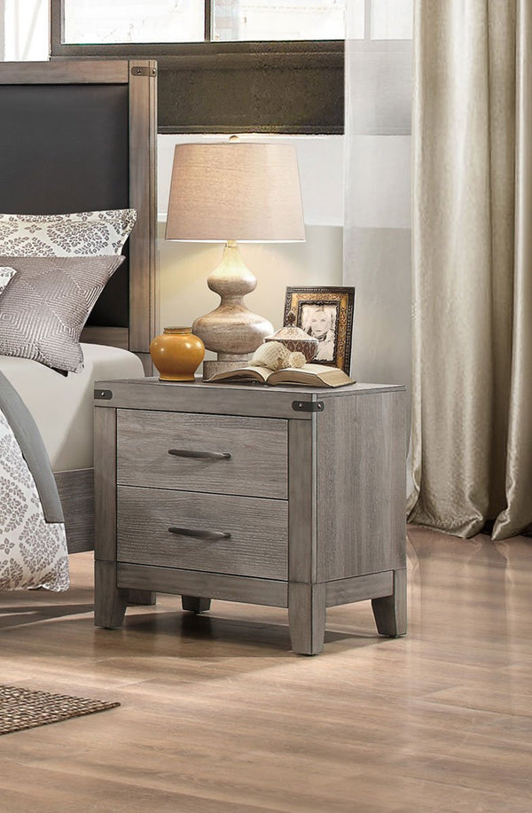 2 Drawer Wooden Night Stand With Metal Handle, Weathered Gray-Nightstand-gray-Wood And Metal-JadeMoghul Inc.