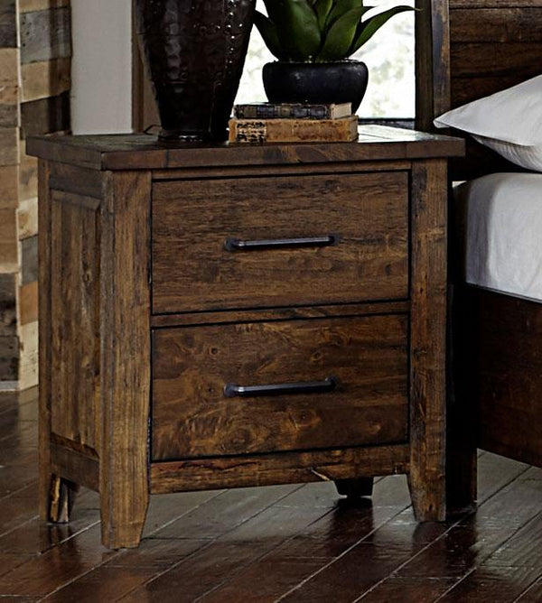 2 Drawer Wooden Nightstand With Metal Handle, Brown-Bedroom Furniture-Brown-Wood And Metal-JadeMoghul Inc.