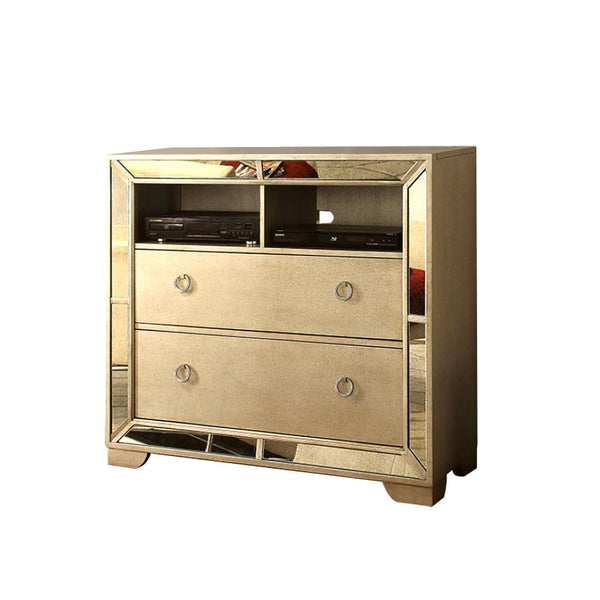 2 Drawers Wooden Media Chest With Loop Metal Handles, Gold-Accent Chests and Cabinets-Silver-Solid Wood Wood Veneer & Others-JadeMoghul Inc.