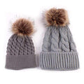 2 Pcs Mother Kids Child Baby Warm Winter Knit Beanie Fur Pom Hat Crochet Ski Cap Cute-Grey-JadeMoghul Inc.