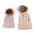 2 Pcs Mother Kids Child Baby Warm Winter Knit Beanie Fur Pom Hat Crochet Ski Cap Cute-Khaki-JadeMoghul Inc.