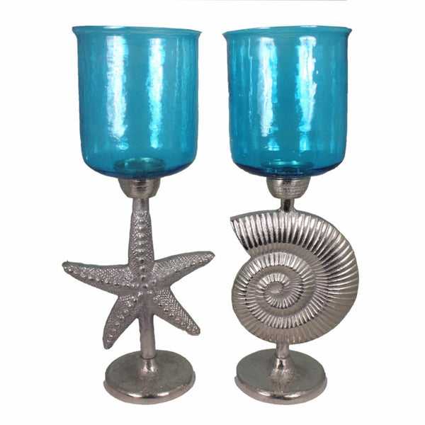 2 Piece Hammered Glass Candle Holder On Shell And Starfish Stand, Blue And Silver-Candleholders-Blue And Silver-GLASS/ROPE-JadeMoghul Inc.