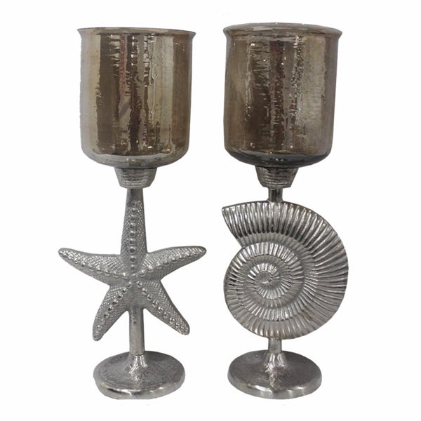 2 Piece Hammered Glass Candle Holder On Shell And Starfish Stand, Brown And Silver-Candleholders-Brown And Silver-GLASS/ALUMINUM-JadeMoghul Inc.