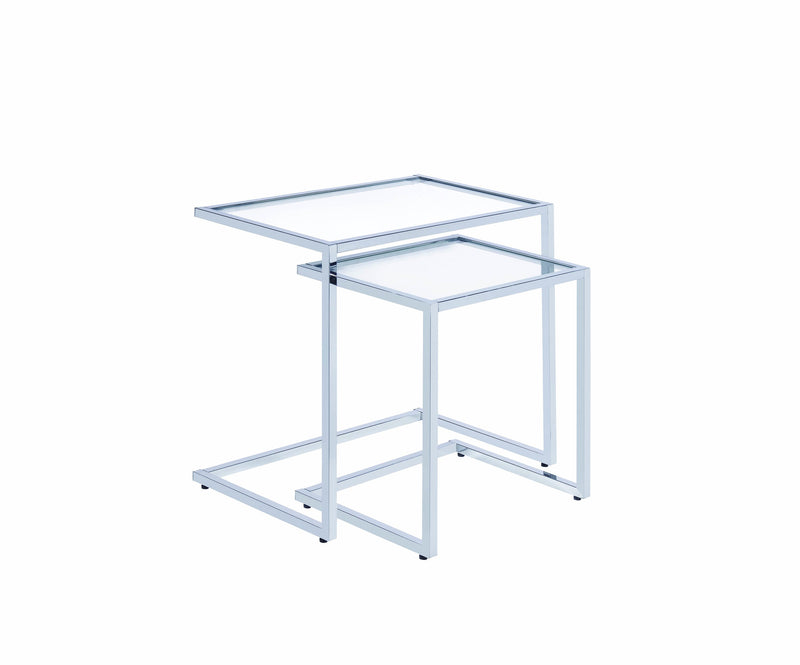 2 Piece Metal Framed Nesting Tables with Glass Top and Cantilever Base, Silver and Clear-Console Tables-Silver and Clear-Metal and Glass-JadeMoghul Inc.