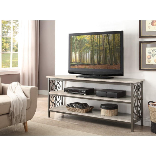 2 Tier TV Stand Or Sofa Table With Marble Shelves, Cream & Gray-Console Tables-Cream & Gray-Metal & Marble-JadeMoghul Inc.