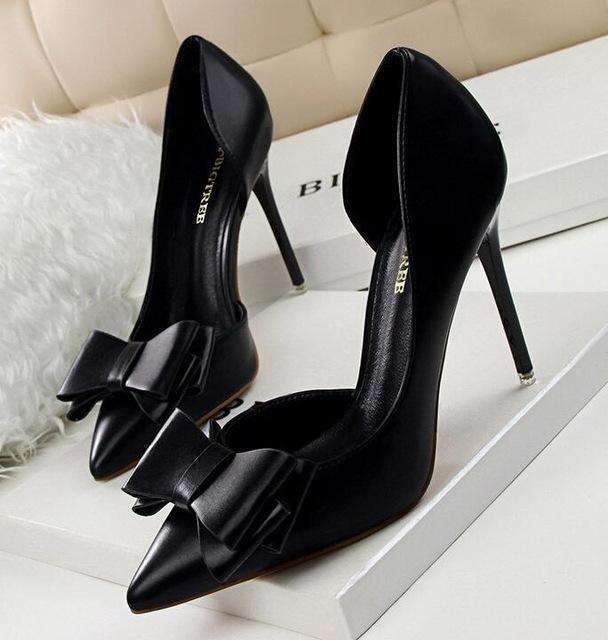 2016 fashion delicate sweet bowknot high heel shoes side hollow pointed women pumps-Black-5-JadeMoghul Inc.