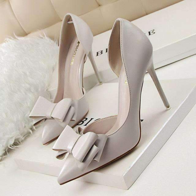 2016 fashion delicate sweet bowknot high heel shoes side hollow pointed women pumps-Gray-5-JadeMoghul Inc.