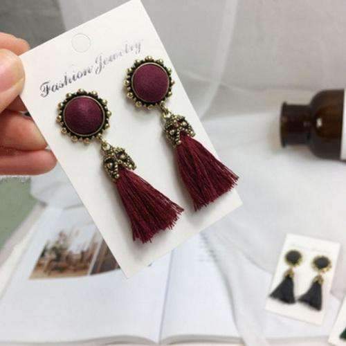 2016 Fashion Vintage Earrings For Women Jewelry Bright Brick Earrings Flower Long Tassel Drop Earrings Dangle Brincos-wine red-JadeMoghul Inc.