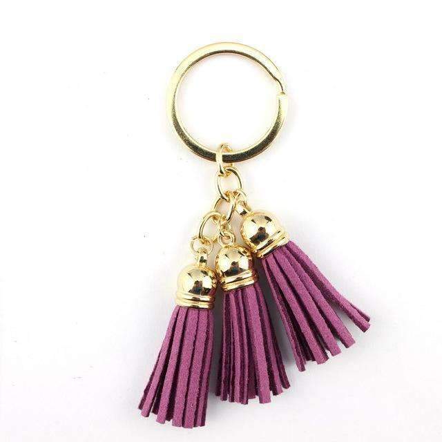 2016 New Fashion Women Casual Triple Leather Tassels Women Keychain Bag Pendant Alloy Car Key Chain Ring Holder Trendy Jewelry-Gold Light Purple-JadeMoghul Inc.