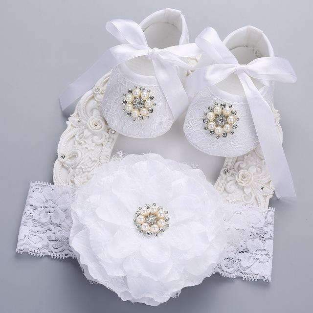 2016 Newborn Baby Girl Shoes Brand,white baptism,Toddler Infant Fabric Baby Booties Headband Set, Baby Walker First Walkers Shoe-2M2009-1-JadeMoghul Inc.