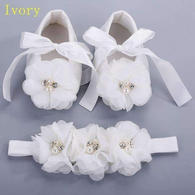 2016 Newborn Baby Girl Shoes Brand,white baptism,Toddler Infant Fabric Baby Booties Headband Set, Baby Walker First Walkers Shoe-2M2010-1-JadeMoghul Inc.