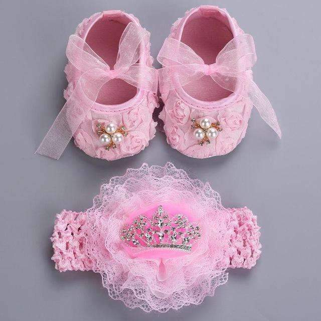 2016 Newborn Baby Girl Shoes Brand,white baptism,Toddler Infant Fabric Baby Booties Headband Set, Baby Walker First Walkers Shoe-2N2005-1-JadeMoghul Inc.