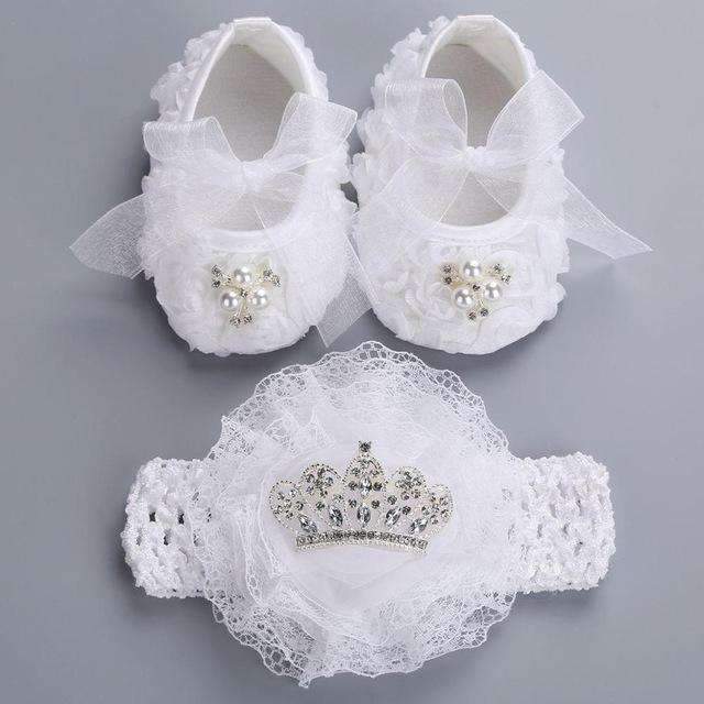 2016 Newborn Baby Girl Shoes Brand,white baptism,Toddler Infant Fabric Baby Booties Headband Set, Baby Walker First Walkers Shoe-2N2006-1-JadeMoghul Inc.