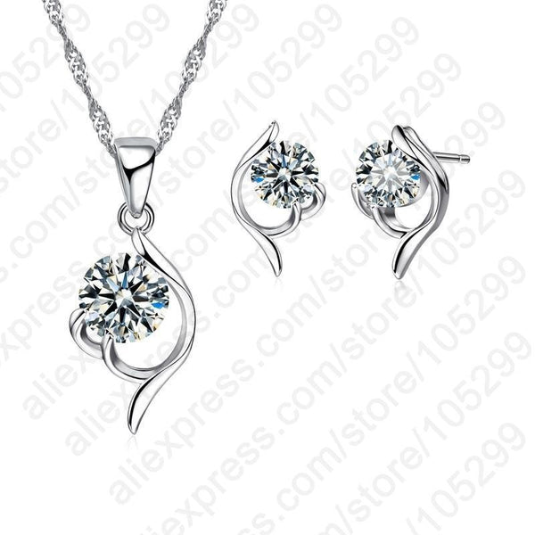 2017 Latest Shinning Woman Gift 925 Sterling Silver Jewelry CZ Pendant Necklace Earring Lady Wedding Engagement Set With Box--JadeMoghul Inc.