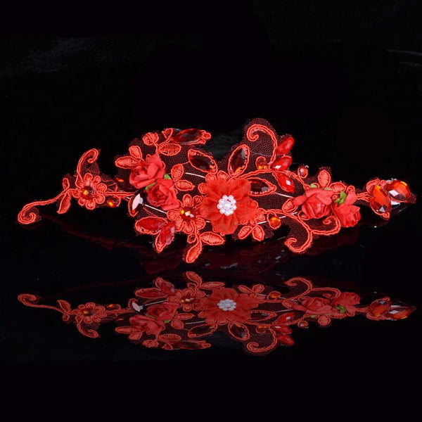 Fashion Lady Red Lace Woven Flower Wedding Hair Jewelry