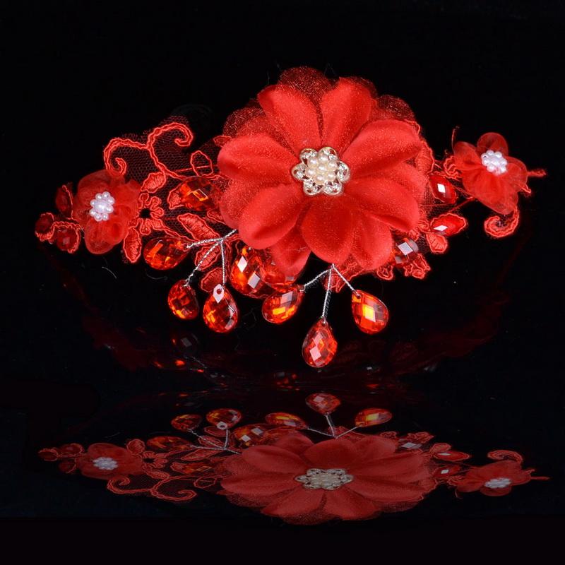 Hot Sale Bride Fashion Red Lace Flower Wedding Hair Jewelry