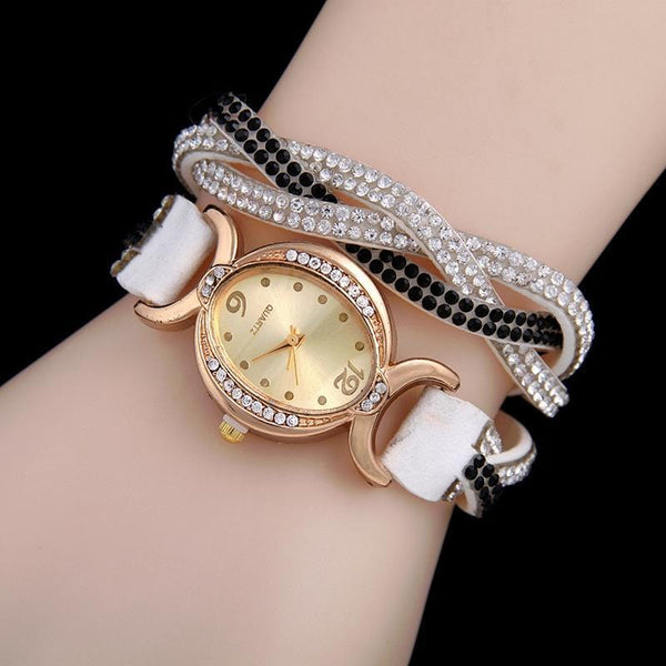 Women Classic Style Rhinestone Braided PU Wrap Watch