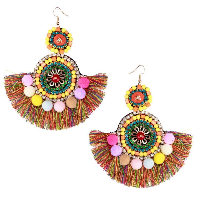 Multicolor Resin Beads Fan Shape Wool Tassel Ethnic Earrings