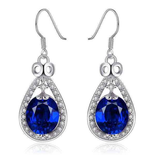 Women Fancy Blue Zircon Water Drop Platinum Plated Hook Earrings