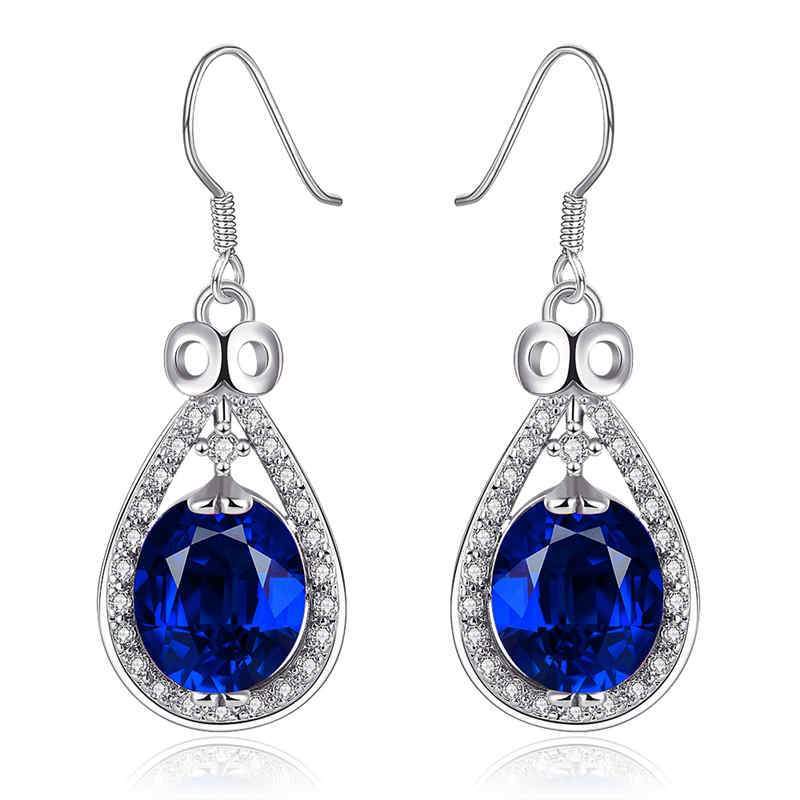 Women Fancy Blue Zircon Water Drop Platinum Plated Hook Earrings