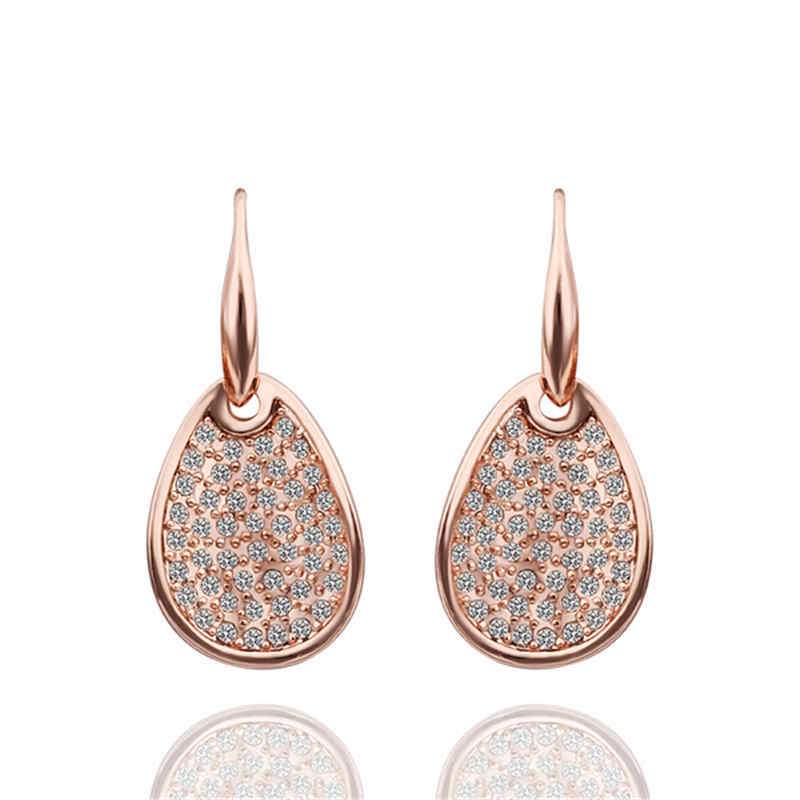 Female Rhinestone Decoration Oval Leaf Rose Gold Drop Earrings
