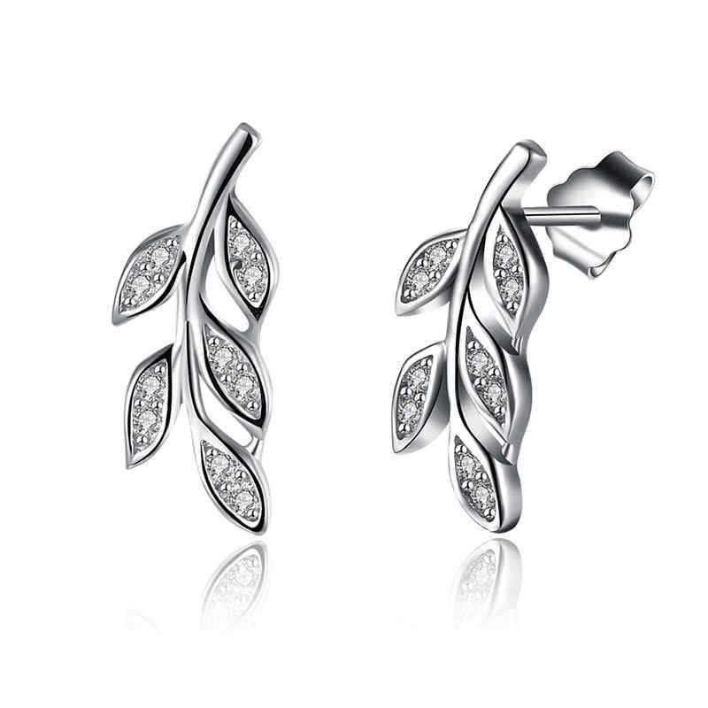 Handmade Zircon Decoration Olive Branch Sterling Silver Stud Earrings