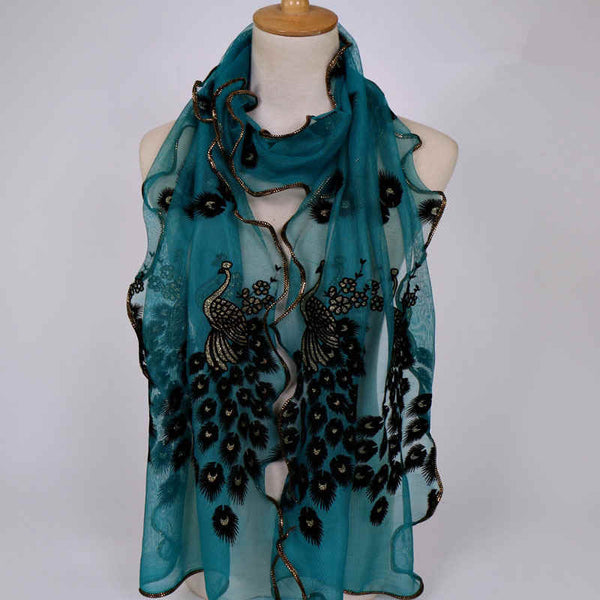 Fashion Lace Wave Shape Peacock Embroidery Scarf