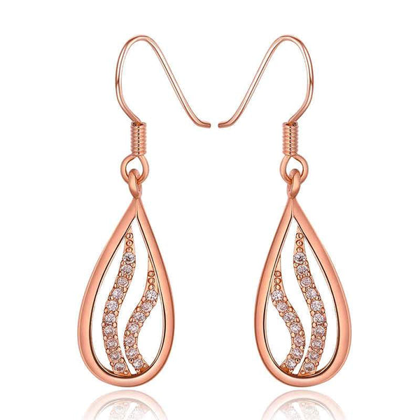 Lady Fashion Hollow Rhinestone Decoration Water Drop Shape Rose Gold Earrings