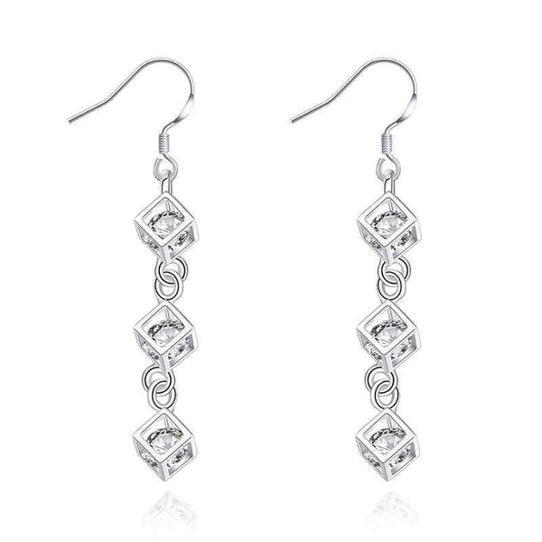 Women Long Stylish Geometry Long Cube Chain Silver Plated Drop Earrings