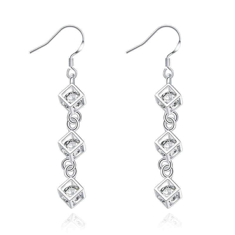 Women Long Stylish Geometry Long Cube Chain Silver Plated Drop Earrings