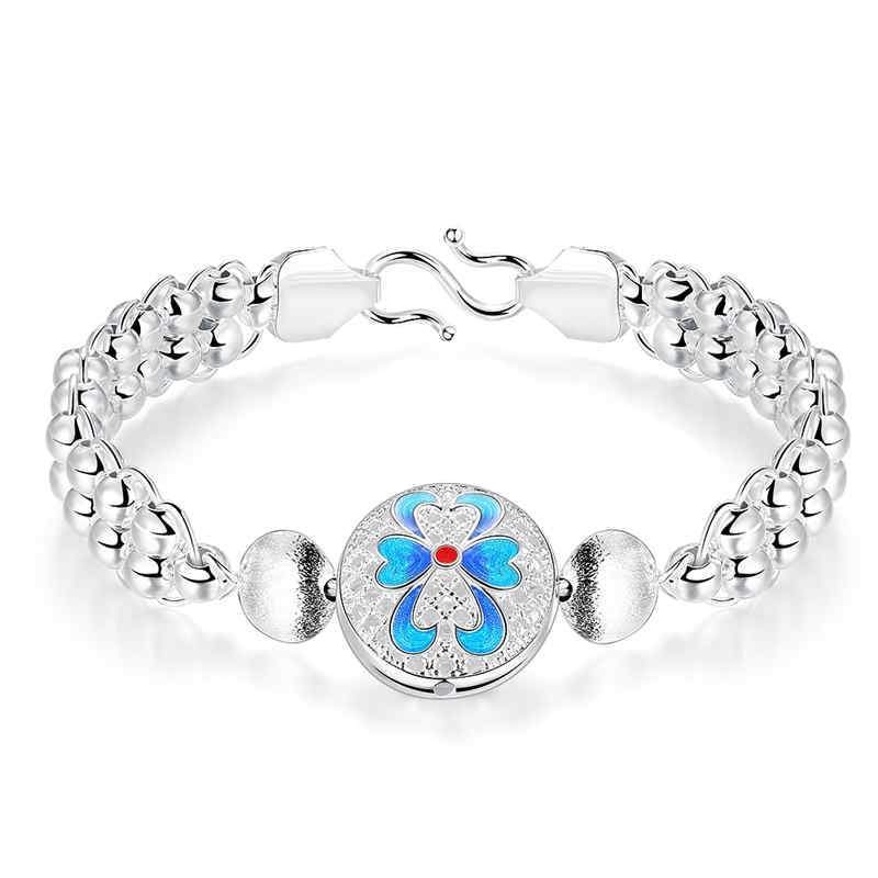 Women Romantic Flower Pattern Spheres Chain Silver Plated Copper Bracelet