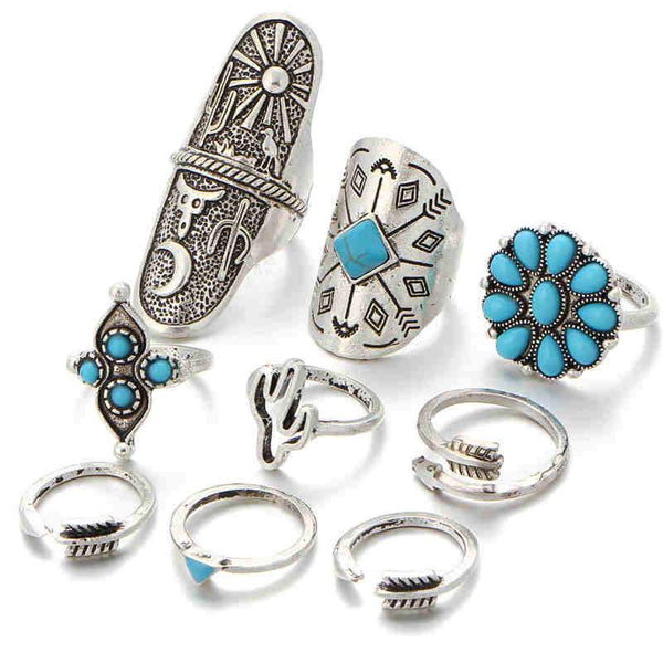 Lady Vintage Bohemian Style Turquoise Decoration Arrow Shield Shape Rings Set