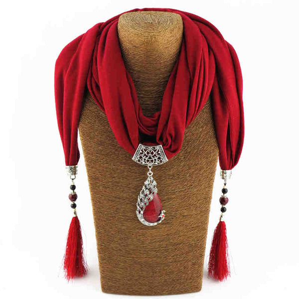 Lady Graceful Ceramic Beads Decoration Tassel Peacock Shape Pendant Polyester Scarf Necklace