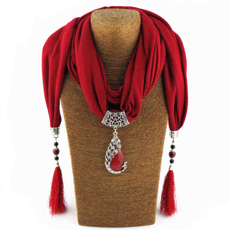 Lady Graceful Ceramic Beads Decoration Tassel Peacock Shape Pendant Polyester Scarf Necklace