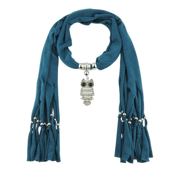 Female Fashion Owl Shape Alloy Pendant Tassel Polyester Scarf Necklace
