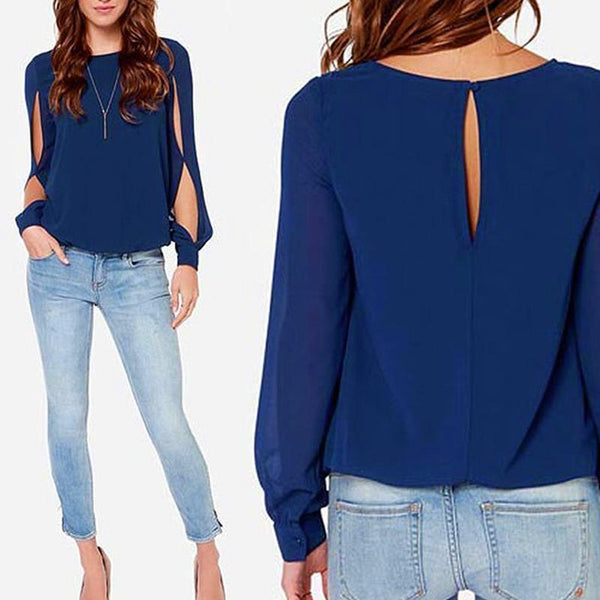 2018 European and American Style O-neck Round Neck Leisure Women Long Sleeve Solid Chiffon Shirt Loose Shirt Blouse-Wihte-S-JadeMoghul Inc.
