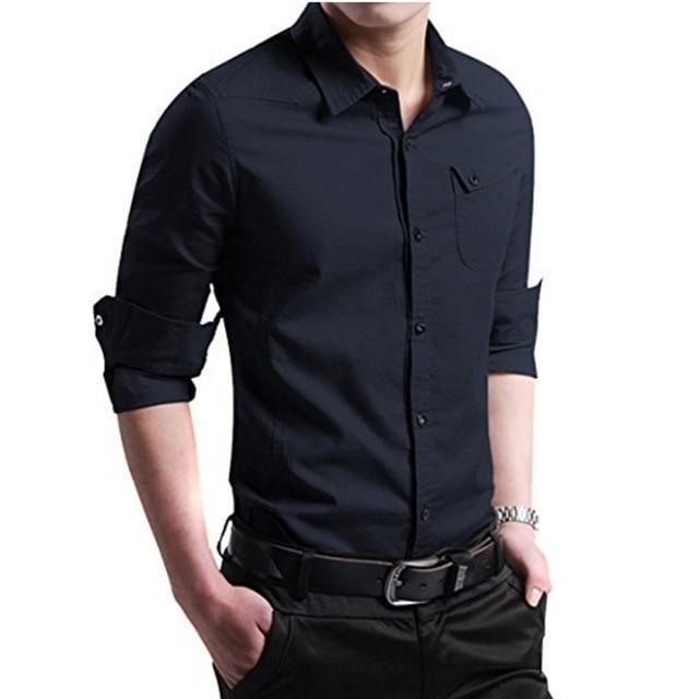 2018 New Brand Male Shirt Long-Sleeves Tops Slim Casual Solid Color Business Mens Dress Shirts Slim Camisa Masculina 4XL-Navy-Asian M 50 to 55KG-JadeMoghul Inc.