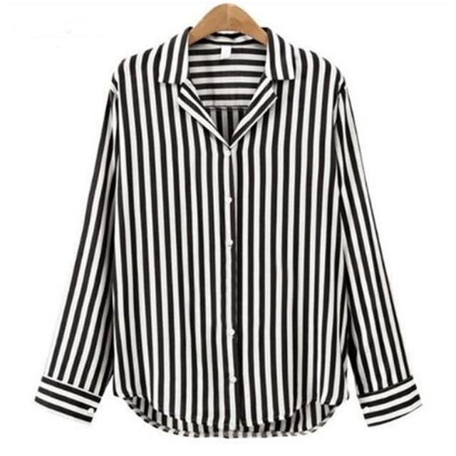 2018 New Spring Autumn Women Blouse Flower V-Neck Long Sleeve Work Shirts Women office Tops Striped blouse for business-black-L-JadeMoghul Inc.