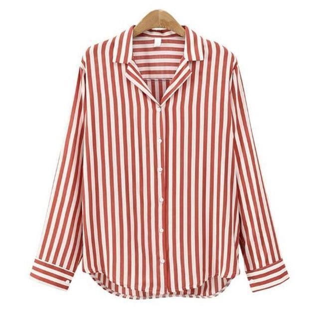 2018 New Spring Autumn Women Blouse Flower V-Neck Long Sleeve Work Shirts Women office Tops Striped blouse for business-red-L-JadeMoghul Inc.
