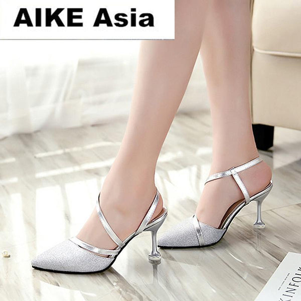2018 spring heel High Heels Sandals lady Pumps classics slip on Shoes sexy Women party shoes gold silver Wedding Slingbacks 8cm-Silver-5-JadeMoghul Inc.