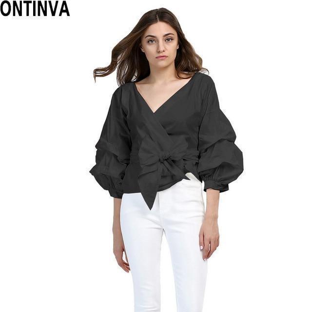 2018 Summer Puff Sleeve White Blouse with Belt Women Sexy V Neck Woman Shirt Elegant Plaid Tops Formal Clothing for Office lady-Black-S-JadeMoghul Inc.