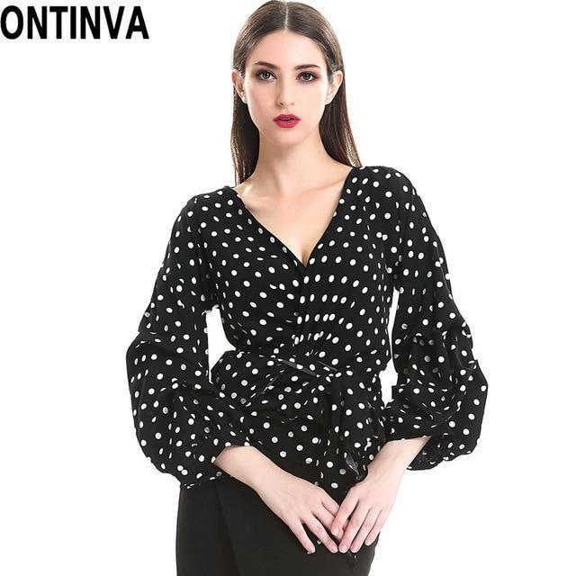 2018 Summer Puff Sleeve White Blouse with Belt Women Sexy V Neck Woman Shirt Elegant Plaid Tops Formal Clothing for Office lady-Polka Dot-S-JadeMoghul Inc.