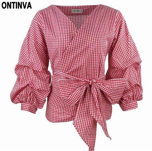 2018 Summer Puff Sleeve White Blouse with Belt Women Sexy V Neck Woman Shirt Elegant Plaid Tops Formal Clothing for Office lady-Red Plaid-S-JadeMoghul Inc.