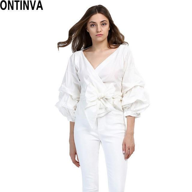 2018 Summer Puff Sleeve White Blouse with Belt Women Sexy V Neck Woman Shirt Elegant Plaid Tops Formal Clothing for Office lady-White-S-JadeMoghul Inc.