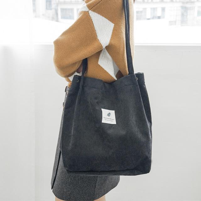 2018 Women Corduroy Canvas Tote Ladies Casual Shoulder Bag Foldable Reusable Shopping Bags Beach Bag Female Cotton Cloth Handbag-Black-JadeMoghul Inc.