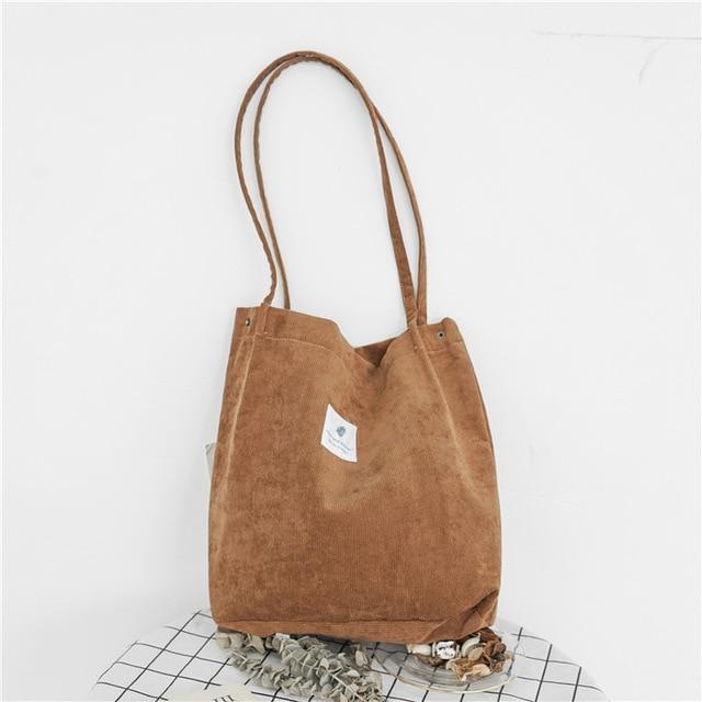 2018 Women Corduroy Canvas Tote Ladies Casual Shoulder Bag Foldable Reusable Shopping Bags Beach Bag Female Cotton Cloth Handbag-Dark Khaki-JadeMoghul Inc.