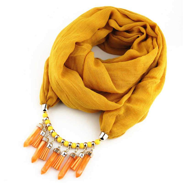Women Beaded Acrylic Cylinder Shape Pendant Polyester Scarf Necklace